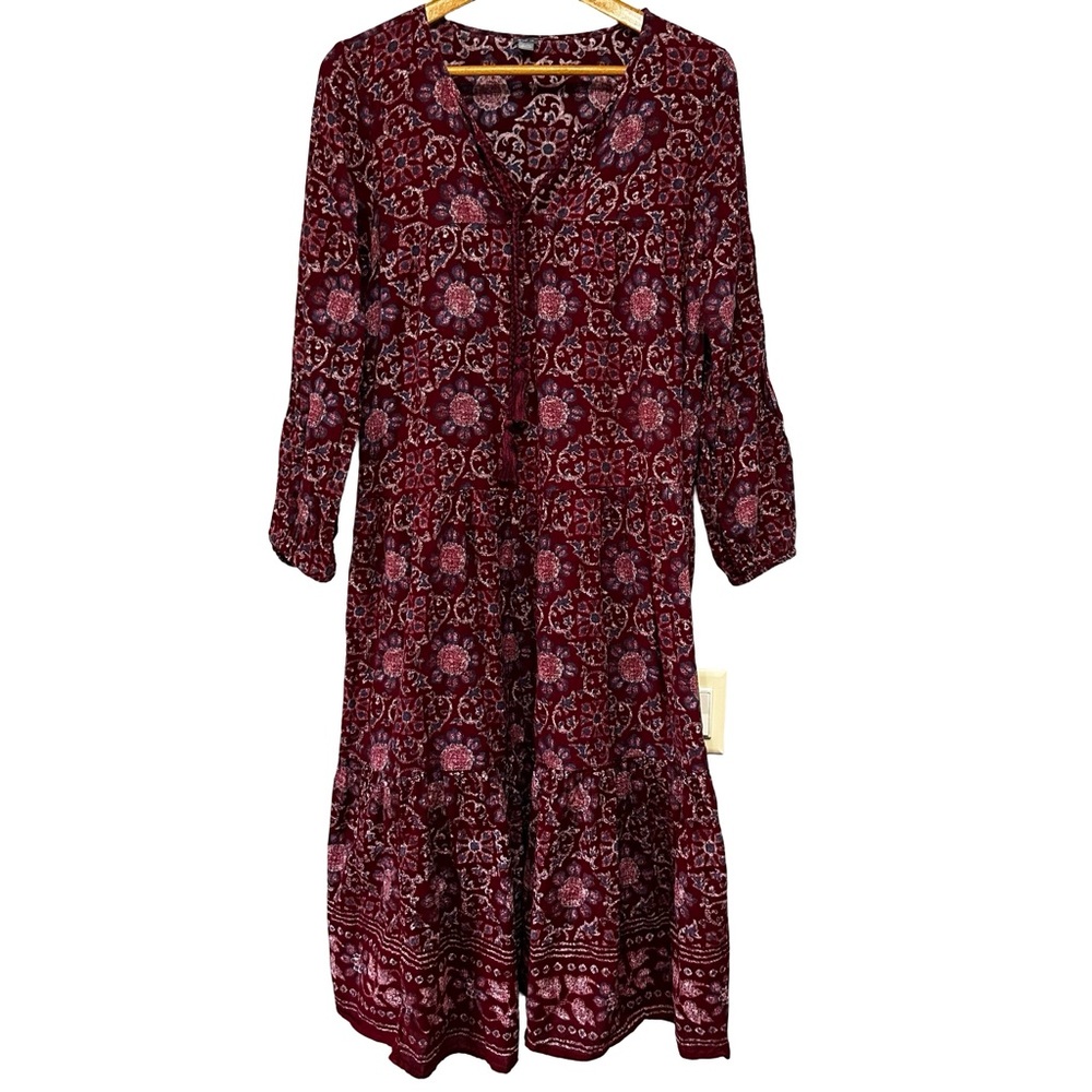Aerie Burgundy Boho Floral Maxi Dress Large Tassel Tie Long Sleeve Peasant